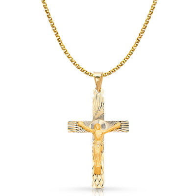 14K Gold Crucifix Stamp Charm Pendant with 2mm Flat Open Wheat Chain Necklace