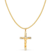 14K Gold Religious Crucifix Stamp Charm Pendant with 1.2mm Box Chain Necklace