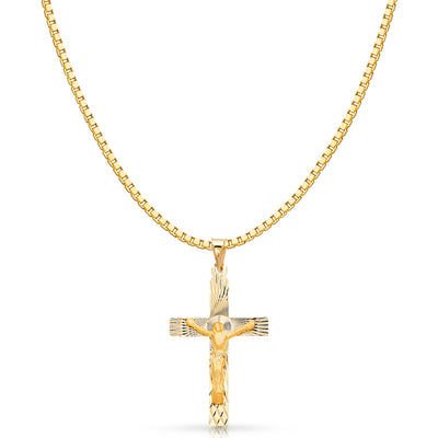 14K Gold Religious Crucifix Stamp Charm Pendant with 1.2mm Box Chain Necklace