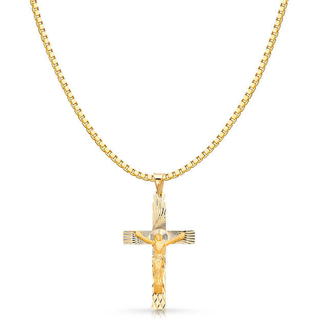 14K Gold Religious Crucifix Stamp Charm Pendant with 1.2mm Box Chain Necklace