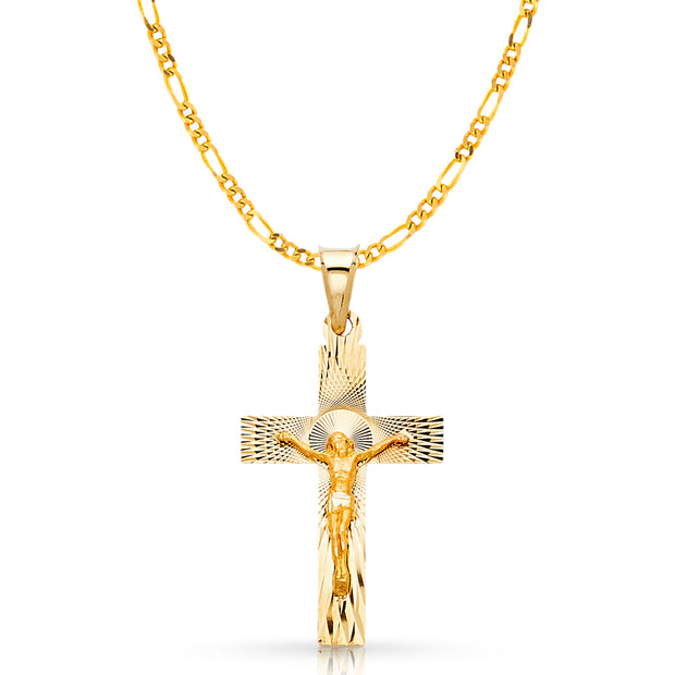 14K Gold Crucifix Stamp Charm Pendant with 3.1mm Figaro 3+1 Chain Necklace