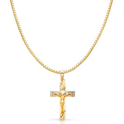 14K Gold Religious Crucifix Stamp Charm Pendant with 1.2mm Box Chain Necklace