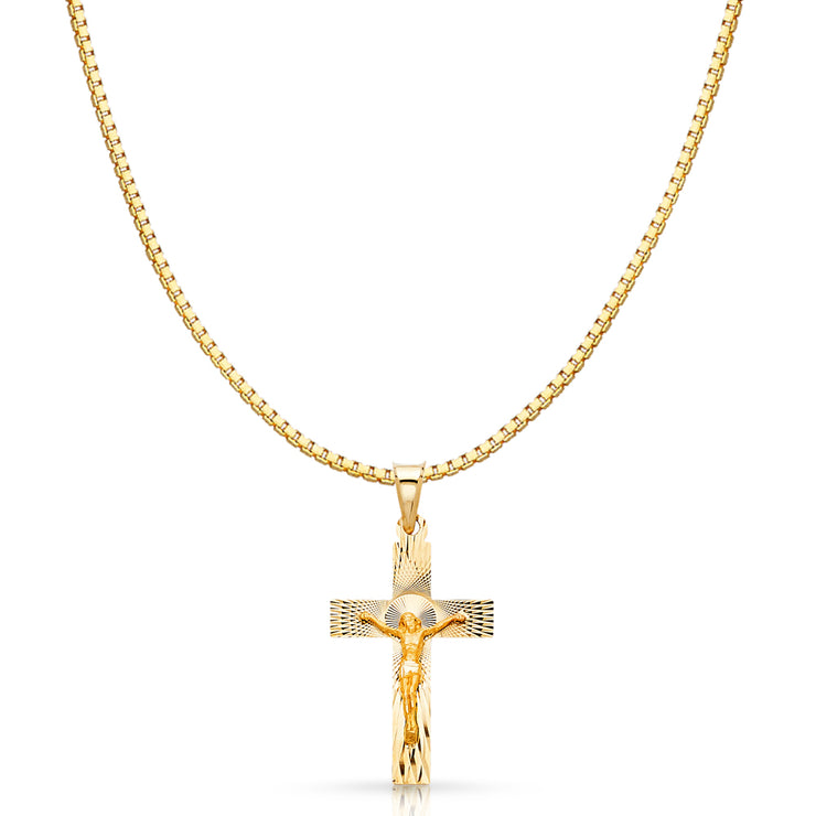 14K Gold Religious Crucifix Stamp Charm Pendant with 1.2mm Box Chain Necklace