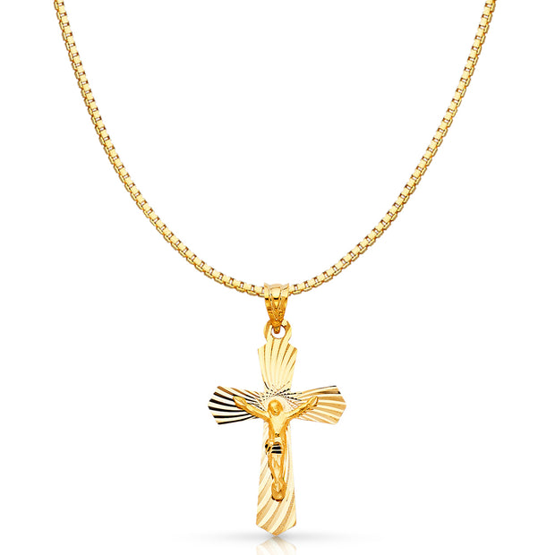 14K Gold Religious Crucifix Stamp Charm Pendant with 1.2mm Box Chain Necklace