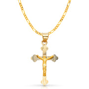 14K Gold Crucifix Stamp Charm Pendant with 3.1mm Figaro 3+1 Chain Necklace