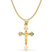 14K Gold Crucifix Stamp Charm Pendant with 1.7mm Flat Open Wheat Chain Necklace