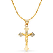 14K Gold Crucifix Stamp Charm Pendant with 1.8mm Singapore Chain Necklace