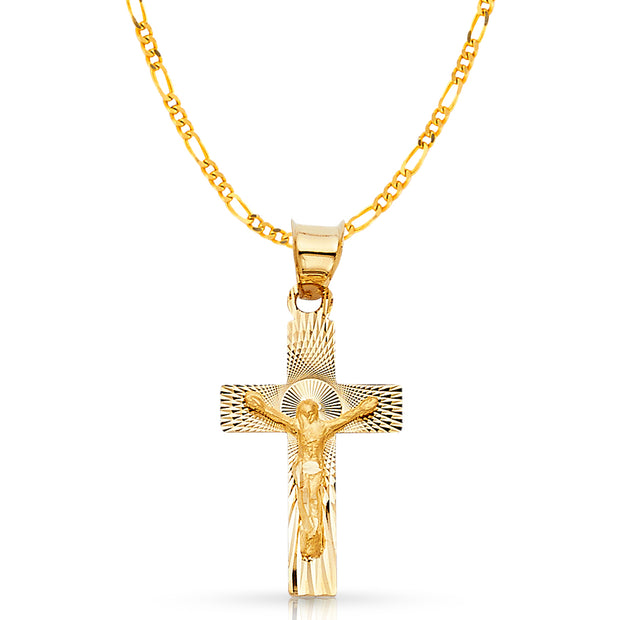 14K Gold Crucifix Stamp Charm Pendant with 3.1mm Figaro 3+1 Chain Necklace