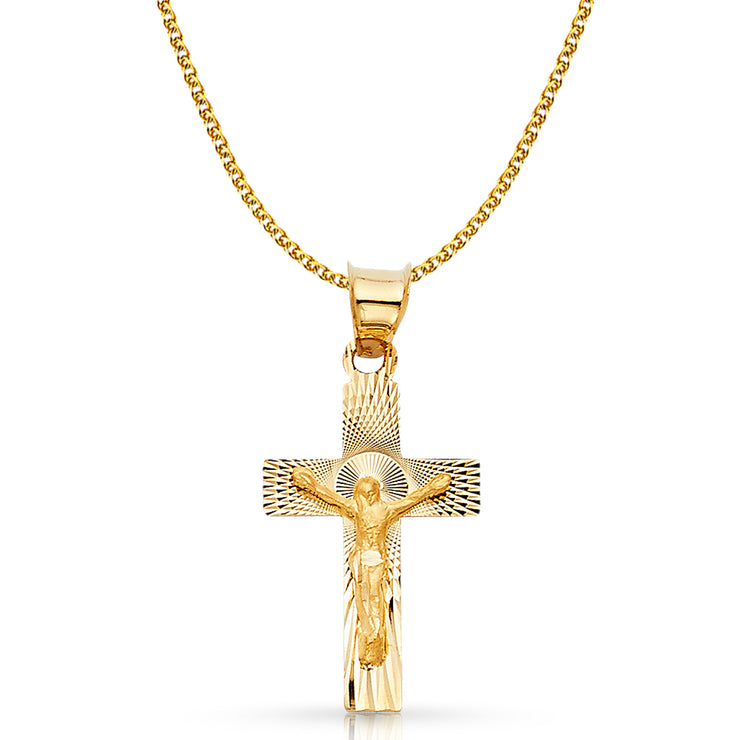 14K Gold Crucifix Stamp Charm Pendant with 1.7mm Flat Open Wheat Chain Necklace