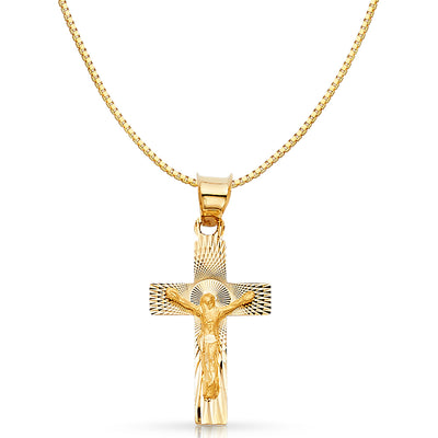 14K Gold Religious Crucifix Stamp Charm Pendant with 0.8mm Box Chain Necklace