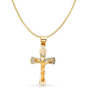 14K Gold Religious Crucifix Stamp Charm Pendant with 0.8mm Box Chain Necklace