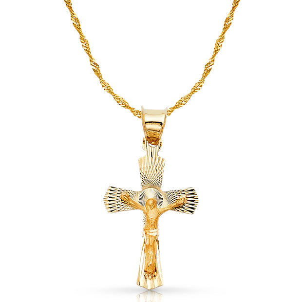 14K Gold Crucifix Stamp Charm Pendant with 1.8mm Singapore Chain Necklace