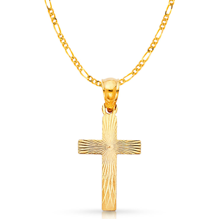 14K Gold Cross Stamp Charm Pendant with 3.1mm Figaro 3+1 Chain Necklace