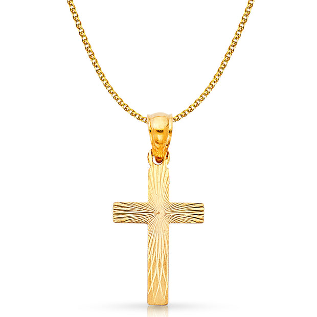 14K Gold Cross Stamp Charm Pendant with 1.7mm Flat Open Wheat Chain Necklace
