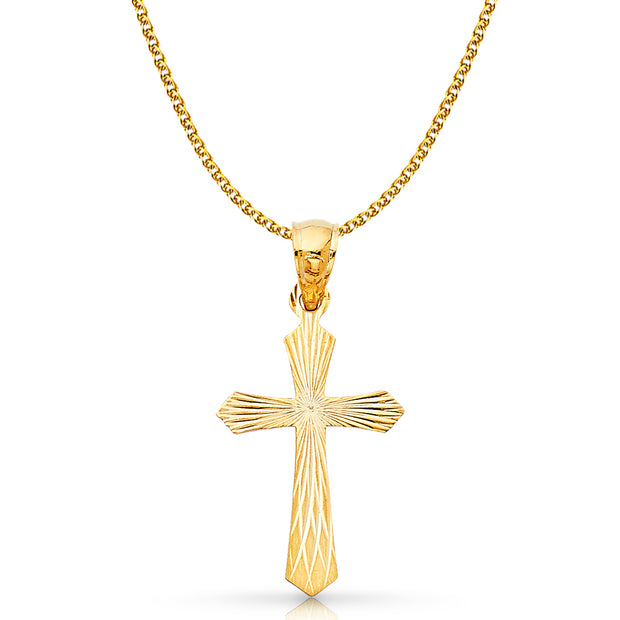 14K Gold Cross Stamp Charm Pendant with 1.7mm Flat Open Wheat Chain Necklace