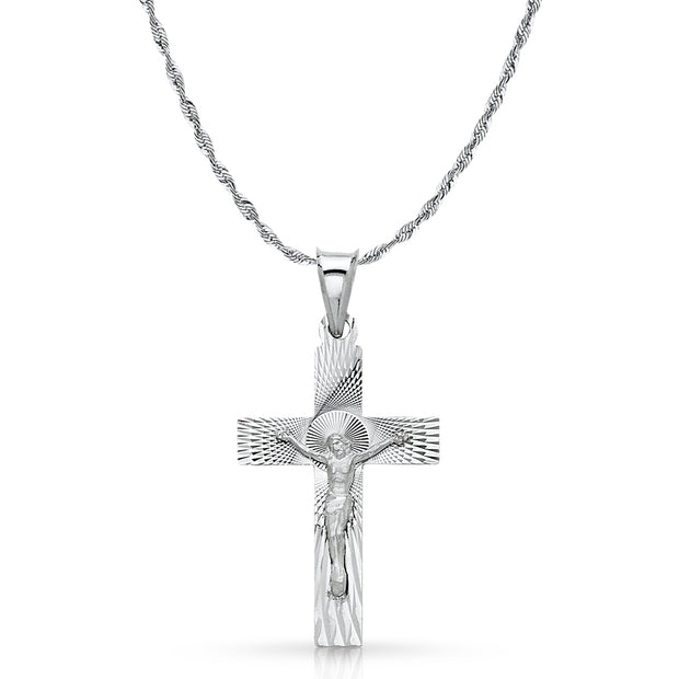 14K White Gold Crucifix Stamp Charm Pendant with 2.5mm Rope Chain Necklace
