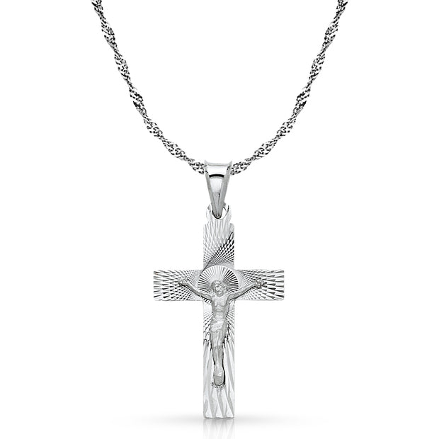 14K White Gold Crucifix Stamp Charm Pendant with 1.8mm Singapore Chain Necklace