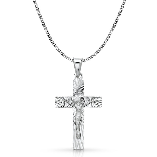 14K White Gold Crucifix Stamp Charm Pendant with 2mm Flat Open Wheat Chain Necklace