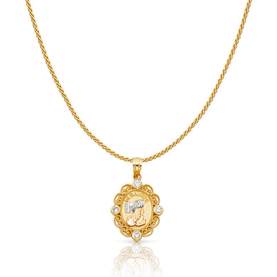 14K Gold CZ Baptism Charm Pendant with 0.9mm Wheat Chain Necklace