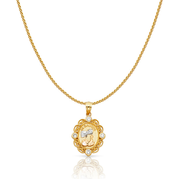 14K Gold CZ Baptism Charm Pendant with 0.9mm Wheat Chain Necklace