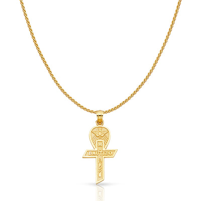 14K Gold Baptism Cross Charm Pendant with 0.9mm Wheat Chain Necklace