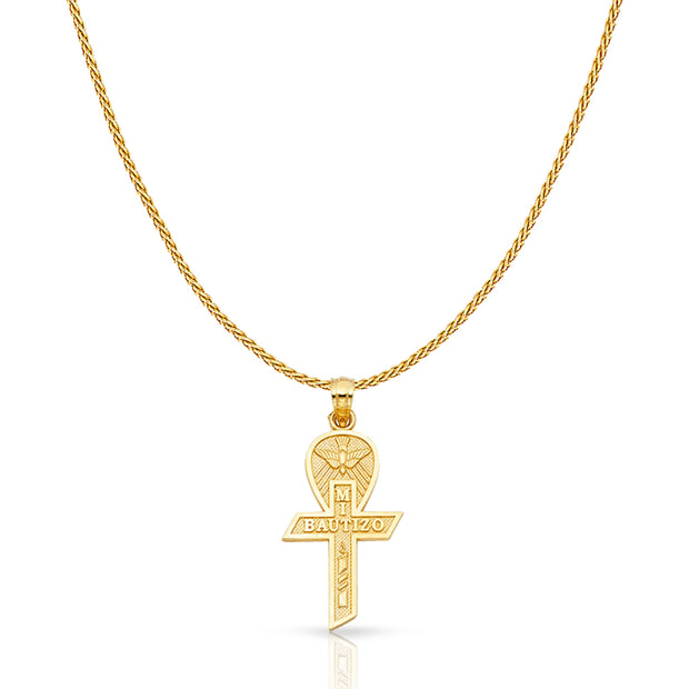 14K Gold Baptism Cross Charm Pendant with 0.9mm Wheat Chain Necklace