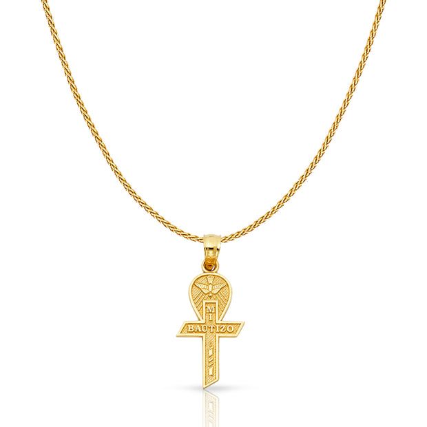 14K Gold Baptism Cross Charm Pendant with 0.9mm Wheat Chain Necklace