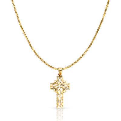 14K Gold Cross with Holy Spirit Dove Charm Pendant with 0.9mm Wheat Chain Necklace