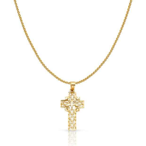 14K Gold Cross with Holy Spirit Dove Charm Pendant with 0.9mm Wheat Chain Necklace