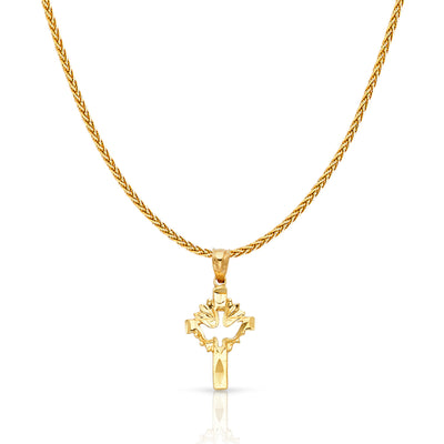 14K Gold Cross with Holy Spirit Dove Charm Pendant with 1.1mm Wheat Chain Necklace
