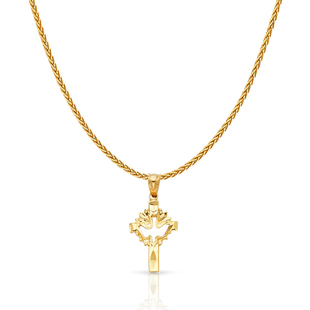 14K Gold Cross with Holy Spirit Dove Charm Pendant with 1.1mm Wheat Chain Necklace