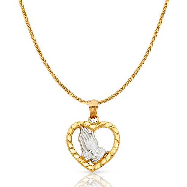 14K Gold Praying Hands in Heart Charm Pendant with 1.1mm Wheat Chain Necklace