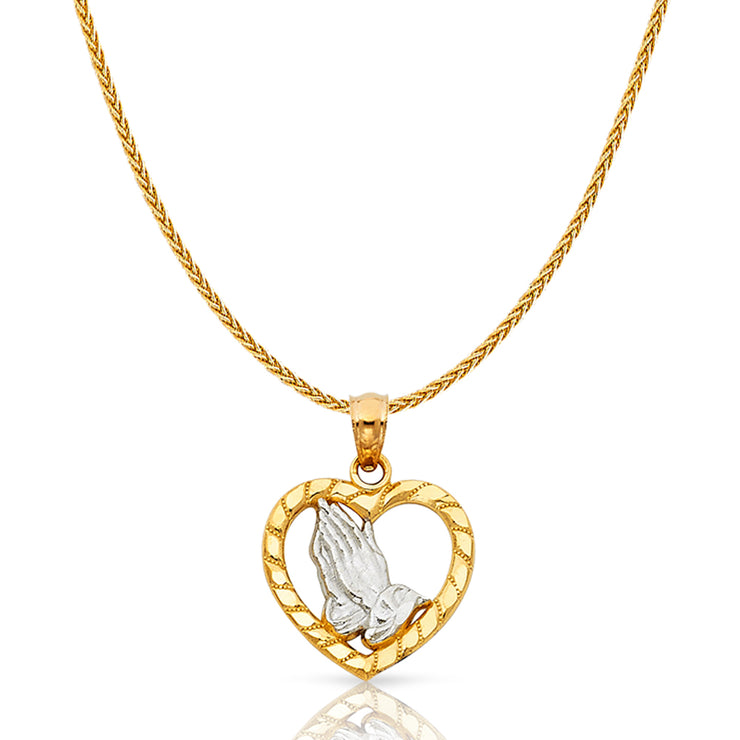 14K Gold Praying Hands in Heart Charm Pendant with 1.1mm Wheat Chain Necklace