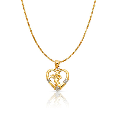 14K Gold CZ Angel Charm Pendant with 1.1mm Wheat Chain Necklace