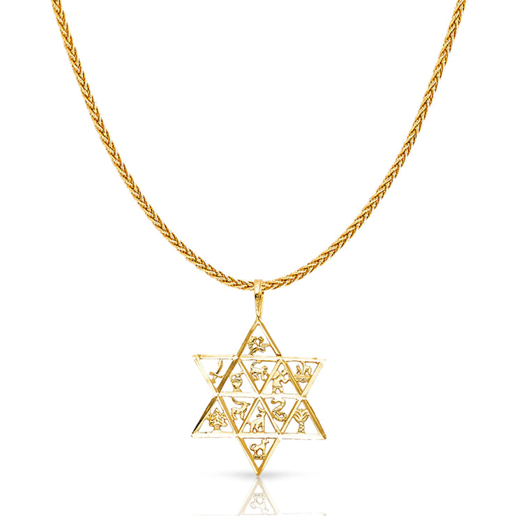14K Gold 12 Animal Star Charm Pendant with 1.1mm Wheat Chain Necklace