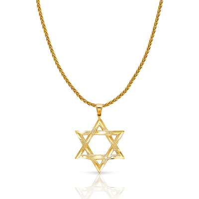 14K Gold Star of David Charm Pendant with 1.4mm Round Wheat Chain Necklace