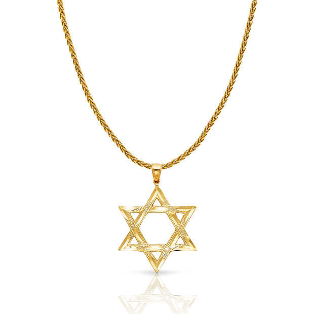 14K Gold Star of David Charm Pendant with 1.4mm Round Wheat Chain Necklace