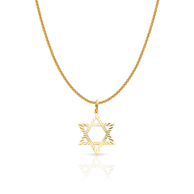 14K Gold Star of David Charm Pendant with 1.1mm Wheat Chain Necklace