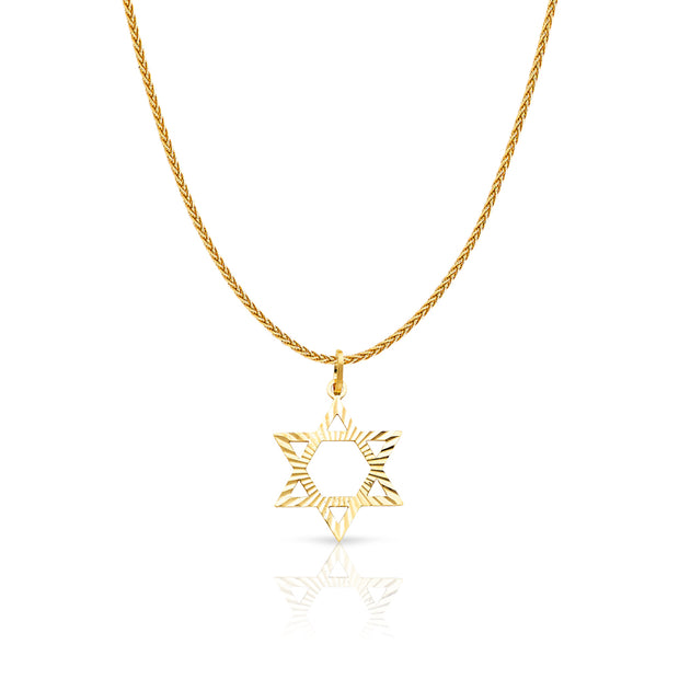 14K Gold Star of David Charm Pendant with 1.1mm Wheat Chain Necklace