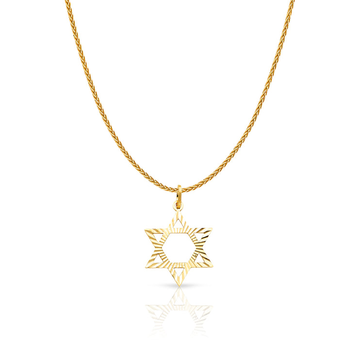 14K Gold Star of David Charm Pendant with 1.1mm Wheat Chain Necklace