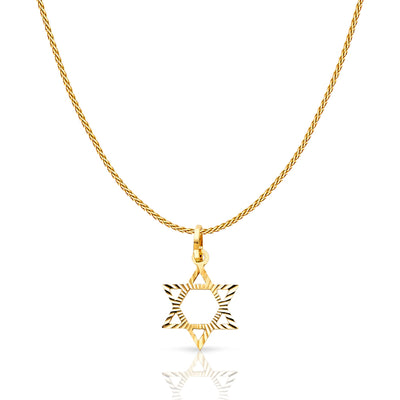 14K Gold Star of David Charm Pendant with 0.9mm Wheat Chain Necklace