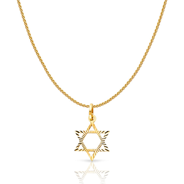 14K Gold Star of David Charm Pendant with 0.9mm Wheat Chain Necklace