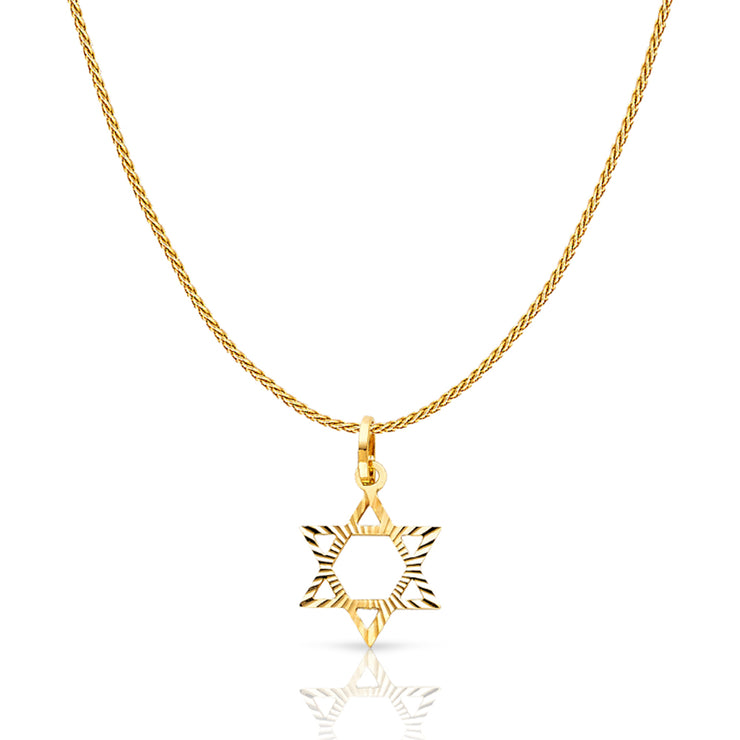 14K Gold Star of David Charm Pendant with 0.9mm Wheat Chain Necklace