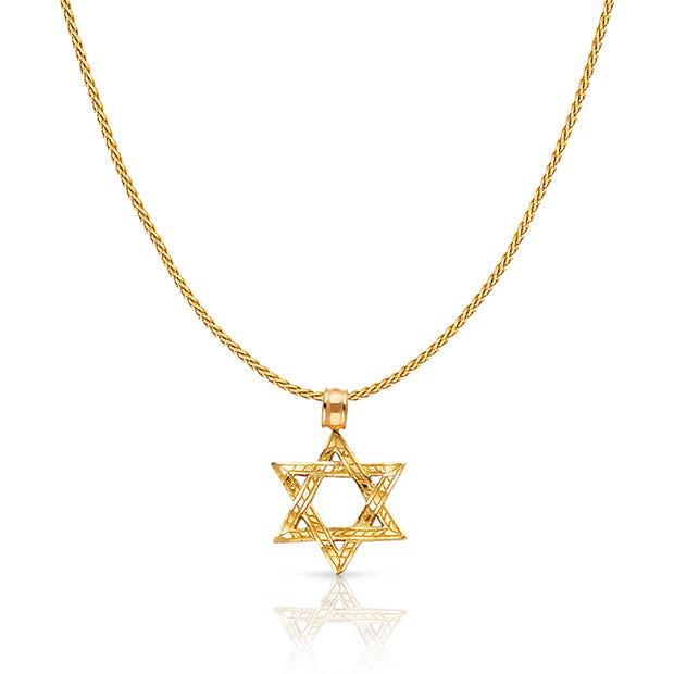 14K Gold Star of David Charm Pendant with 0.9mm Wheat Chain Necklace