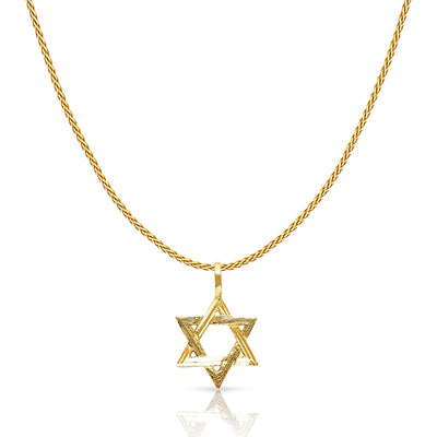 14K Gold Star of David Charm Pendant with 0.9mm Wheat Chain Necklace