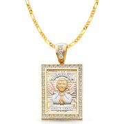 14K Gold CZ Malverde Sinaloa Charm Pendant with 3.8mm Figaro 3+1 Chain Necklace