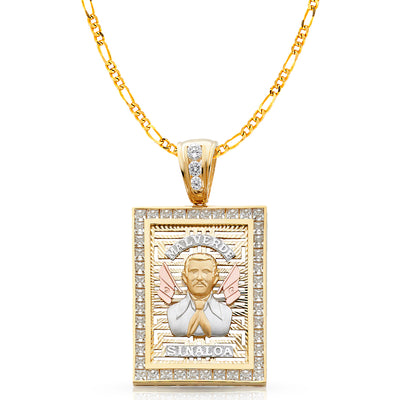 14K Gold CZ Malverde Sinaloa Charm Pendant with 3.8mm Figaro 3+1 Chain Necklace