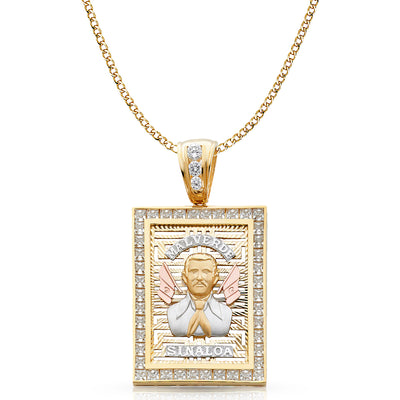 14K Gold CZ Malverde Sinaloa Charm Pendant with 4.9mm Hollow Cuban Chain Necklace