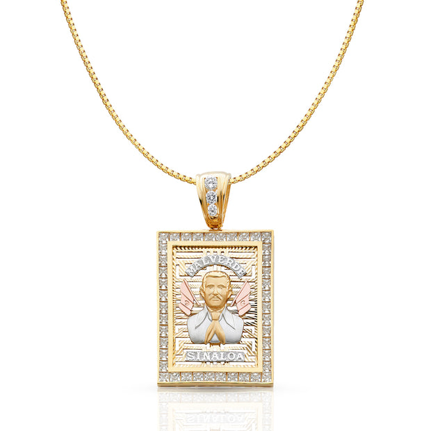14K Gold CZ Malverde Sinaloa Charm Pendant with 0.8mm Box Chain Necklace