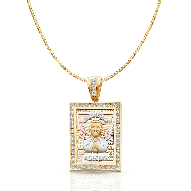 14K Gold CZ Malverde Sinaloa Charm Pendant with 0.8mm Box Chain Necklace